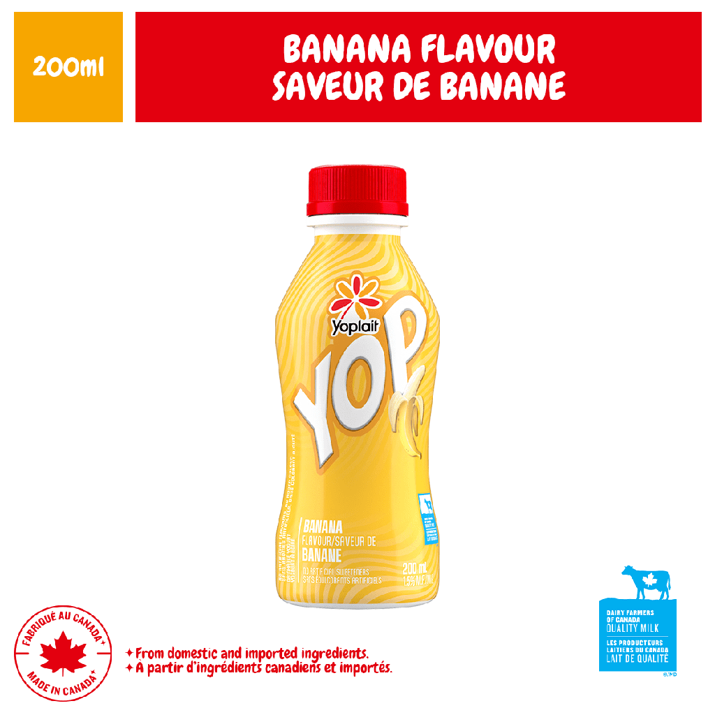 Yogourt à boire Yoplait Yop 1 %, banane, boisson au yogourt, 200 mL