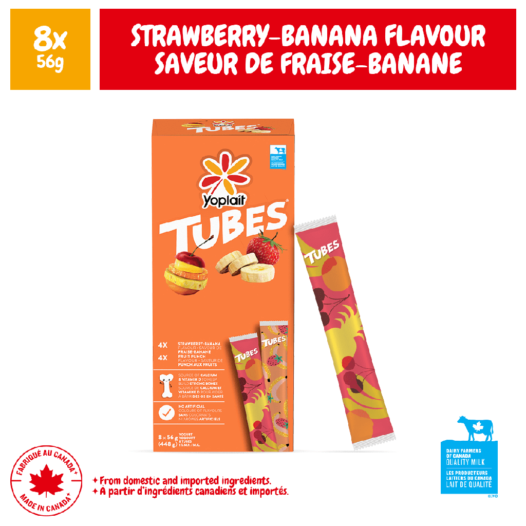 Yoplait Tubes Yogourt Fraise-Banane Saveur De Punch Aux Fruits, Collations pour enfants, 8x56g