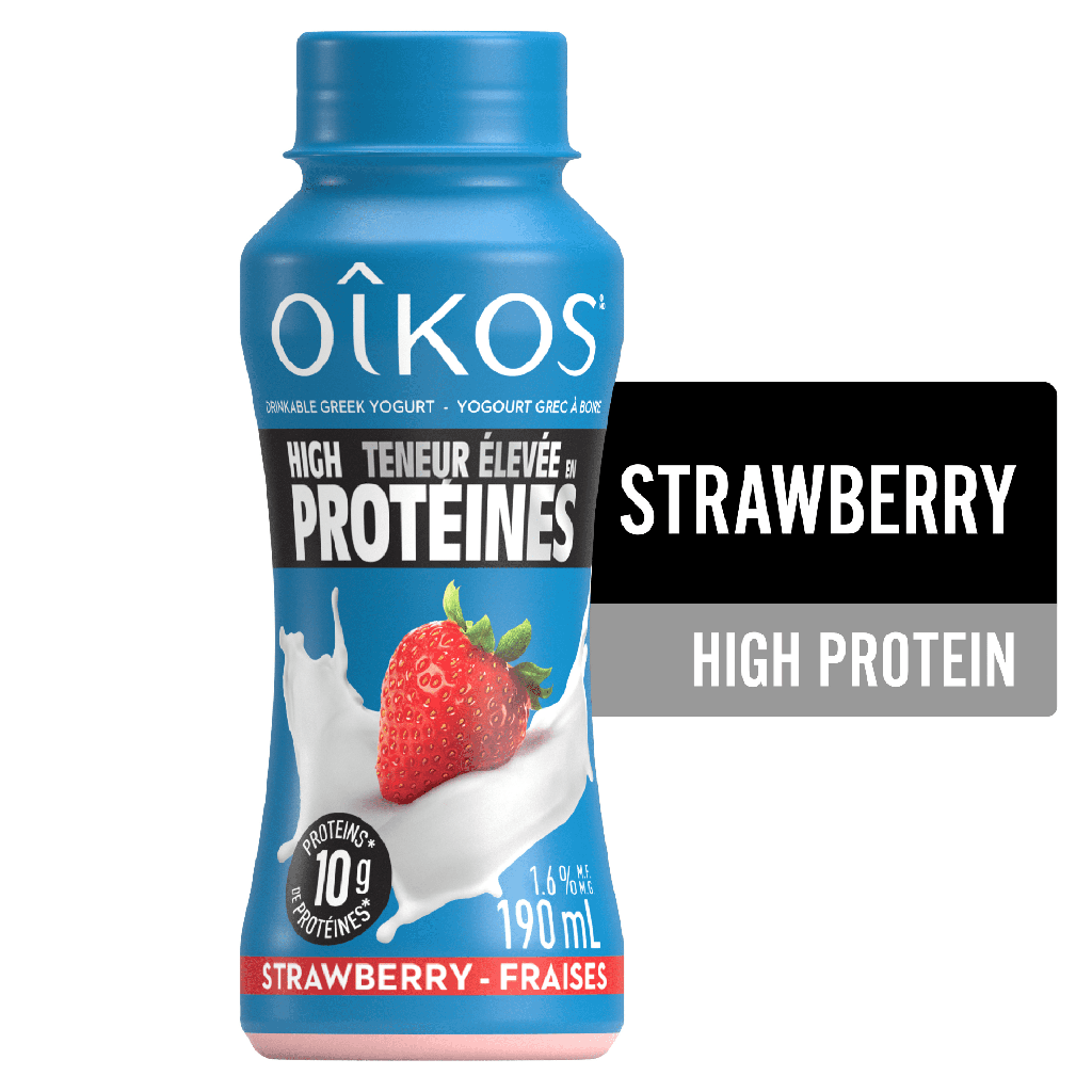 Oikos Yogourt Grec à Boire, Fraise, Teneur Élevée en Protéines, 190ml