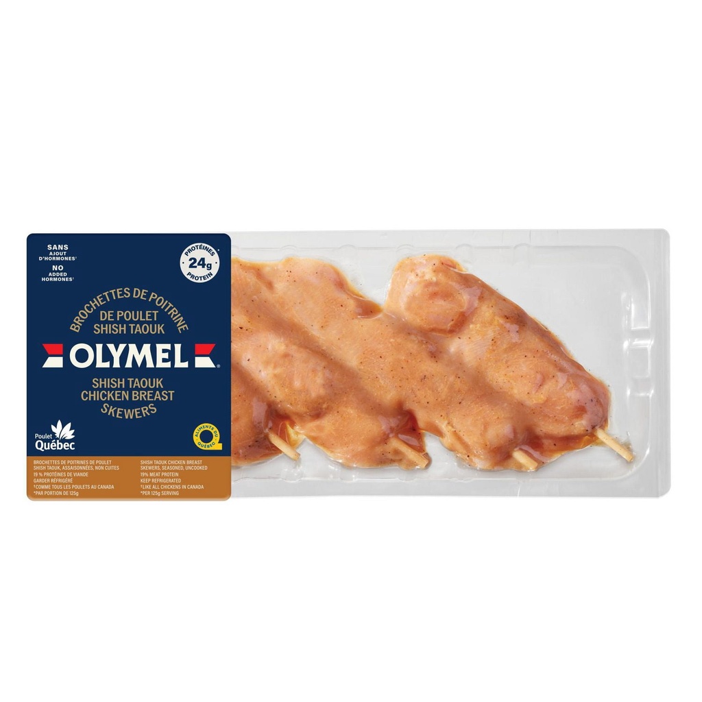 Olymel Brochettes de poitrines de poulet Shish Taouk Assaisonnées, non cuites