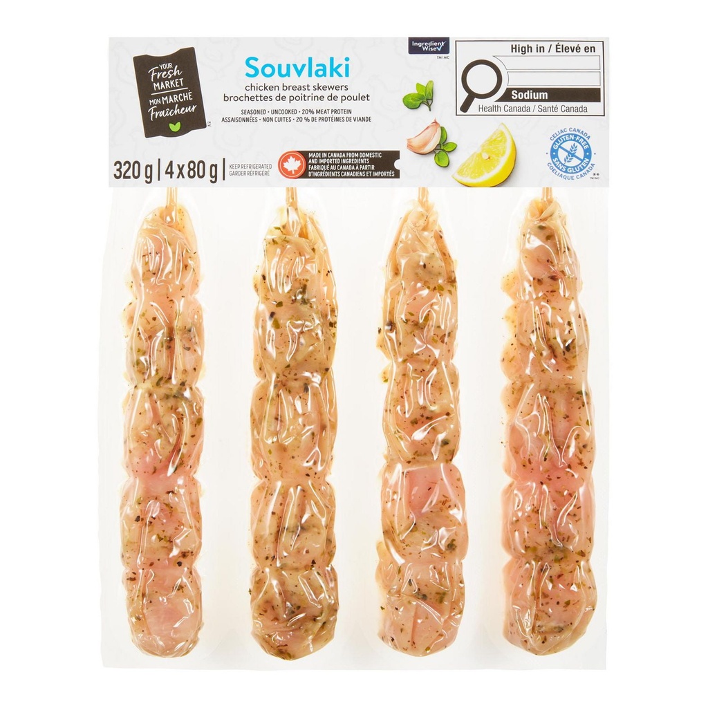 Brochettes de poitrine de poulet Souvlaki Mon marché fraîcheur 4 morceaux de 80 g, total de 320 g