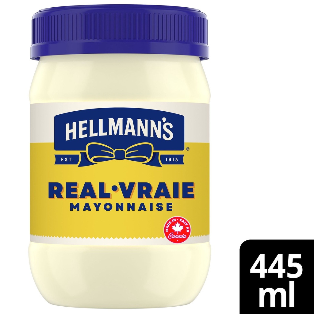 Hellmann's Mayonnaise véritable Hellmann’s, sans gluten et casher, avec œufs de poules élevées en liberté au Canada et huile de canola, 445 ml