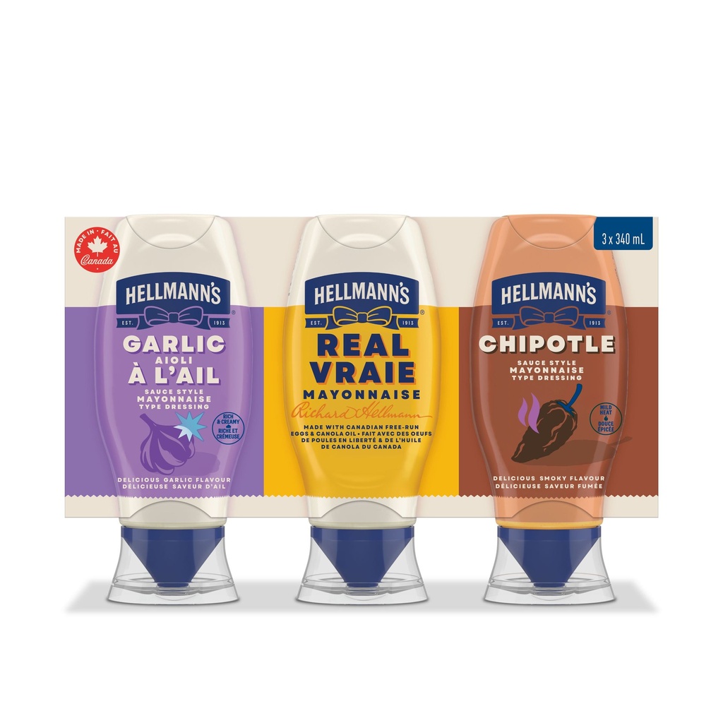 Hellmann's Hellmann’s ensemble de mayonnaises variées, saveurs ail, classique et chipotle, 3 x 340 mL bouteilles souples