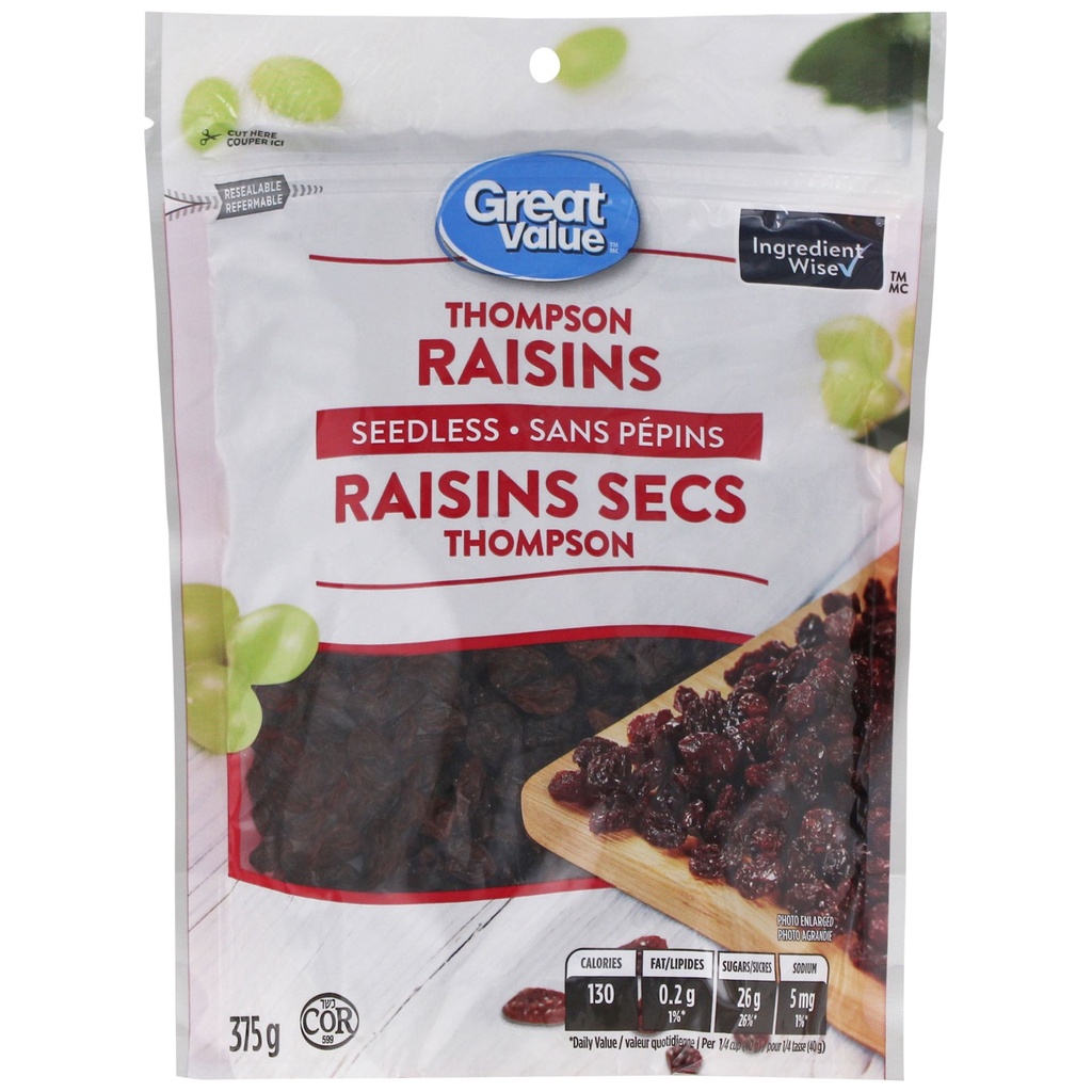 Raisins Thompson sans pépins Great Value 375g