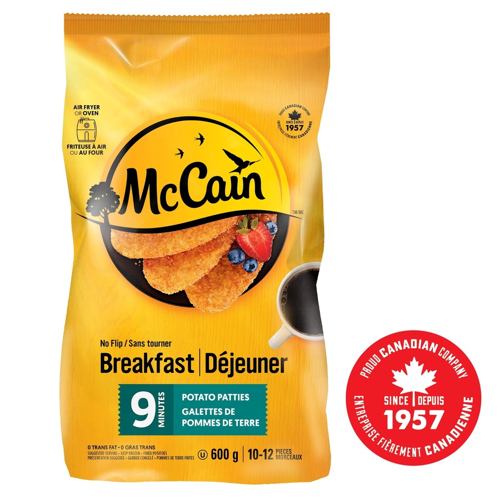 Galettes de pommes de terre 9 minutes Sans tourner McCainᴹᴰ, Fabriqué au Canada à partir d'ingrédients canadiens et importés 600g