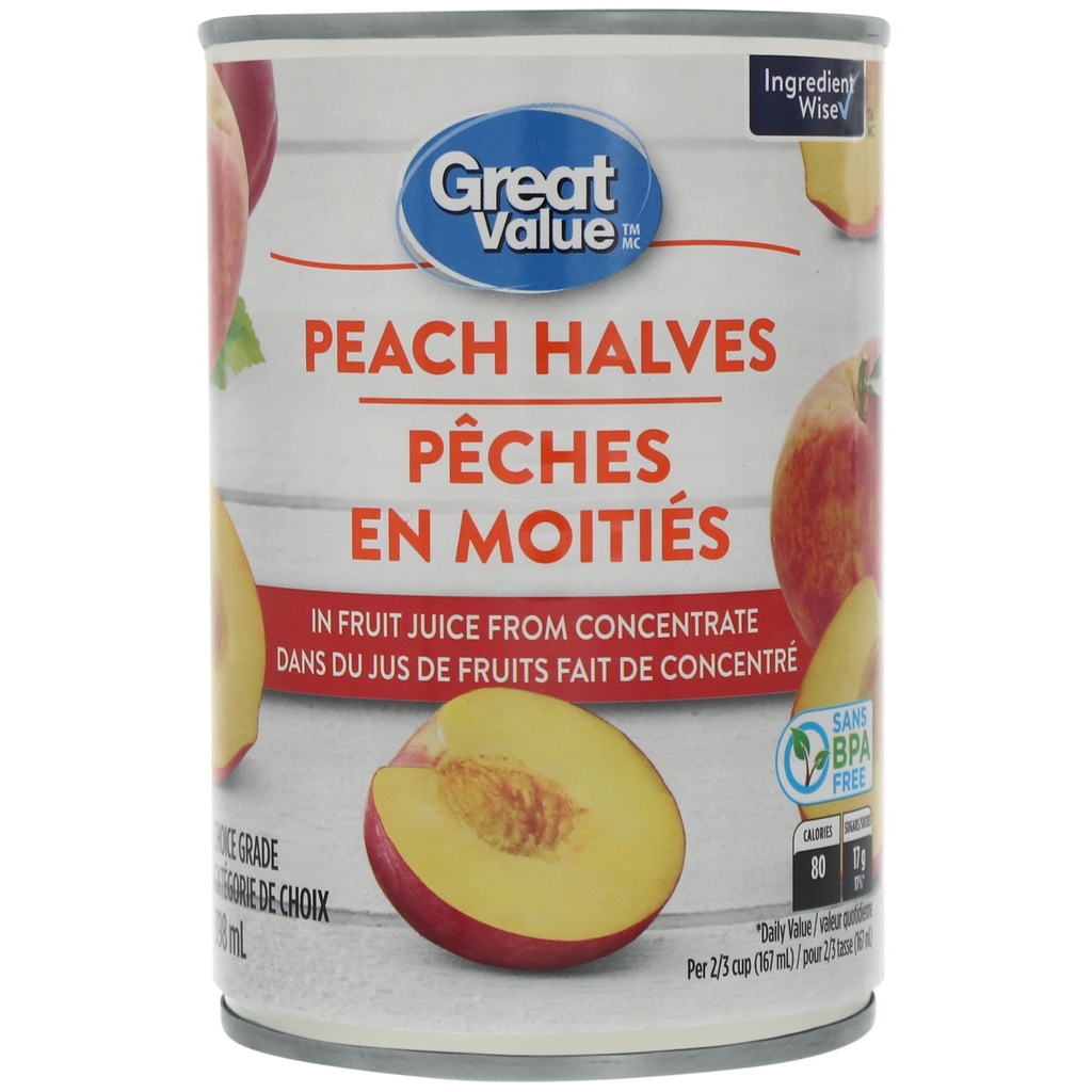 Great Value Pêches en Moitiés dans du Jus de Fruits Fait de Concentré