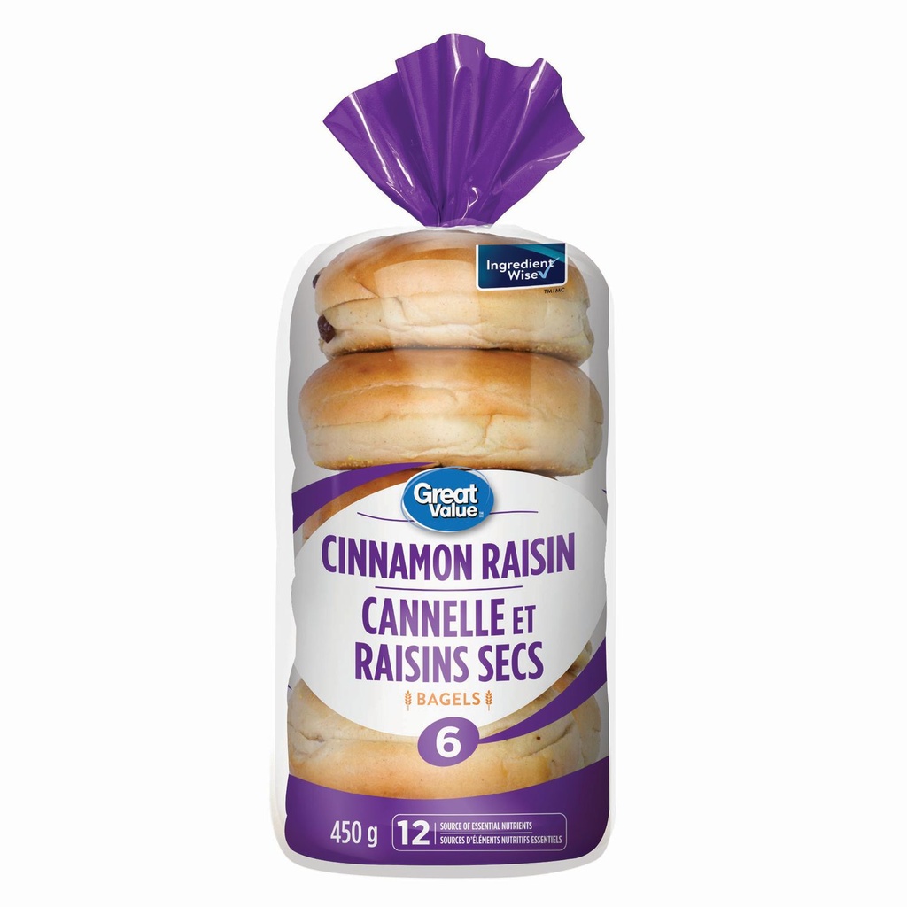 Bagels cannelle raisins de Great Value, Source de 12 nutriments essentiels, Paquet de 6, 450 g