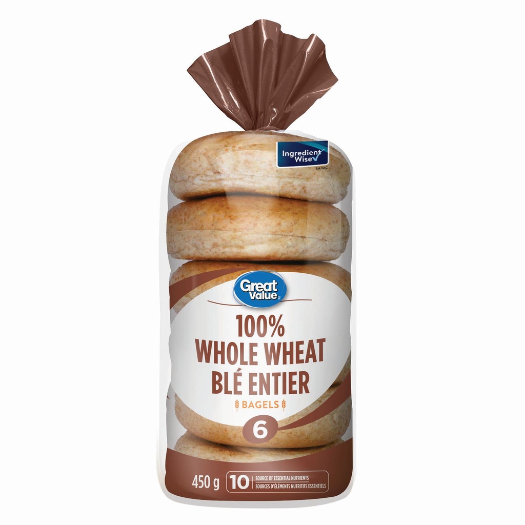 Bagels 100% blé entier de Great Value, Source de 10 nutriments essentiels, Paquet de 6, 450 g