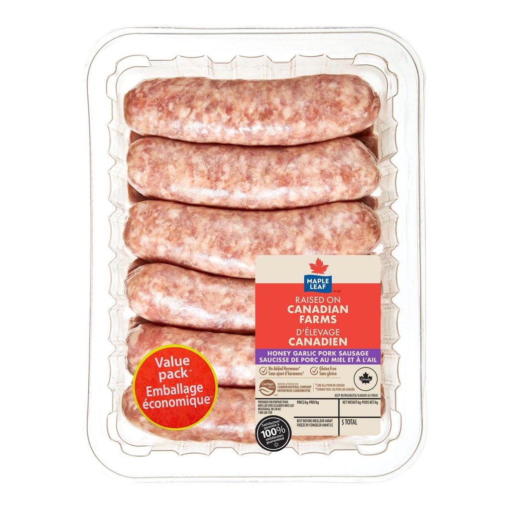 Saucisses de porc au miel et à l'ail Maple Leaf 1,2 kg, format économique