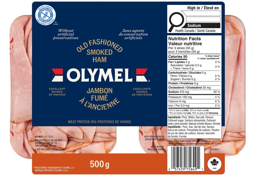 Jambon émincé Olymel fumé à l’ancienne, 500g Quantité volumétrique : 2 x 250 g
