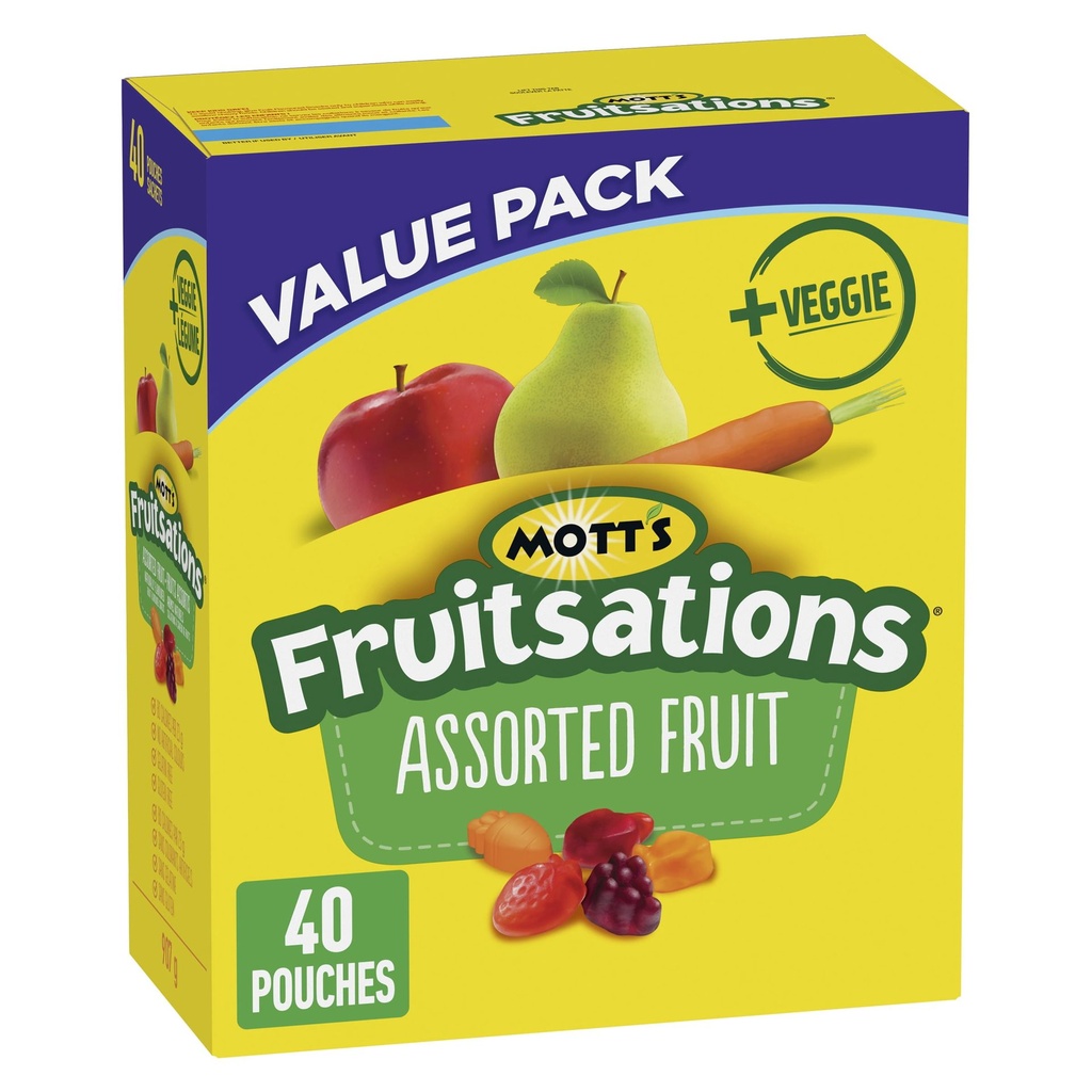 Fruitsations de Mott's Mott's Fruitsations + Légume Sans Gluten Collations Assorties Aromatisées aux Fruits, Collations pour Enfants, 40 Sachets