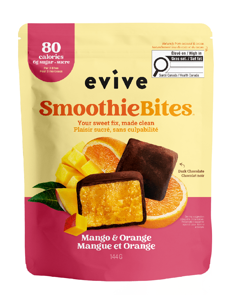 Evive Smoothie Bites Mangue et Orange, 144g, Végétalien, Sans OGM, Bouchées Surgelées, Mélange (banane, chou-fleur, mangue etc.) Evive Smoothie Bites Mangue et Orange, 144g