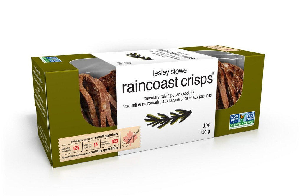 lesley stowe raincoast crisps romarin, raisins secs et noix de pécan