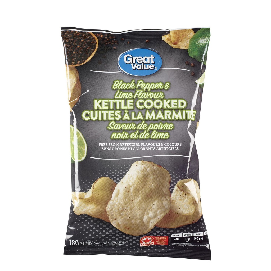 Croustilles à la marmite Great Value à saveur de poivre noir et de lime