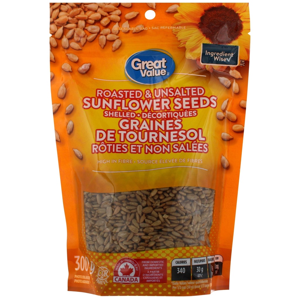 Graines de tournesol écalées rôties et non salées, Great Value