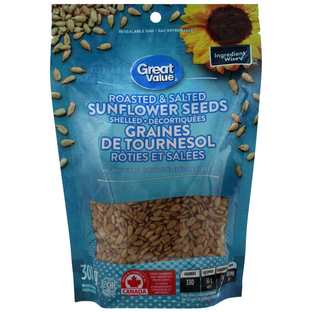 Graines de tournesol écalées, rôties et salées, Great Value