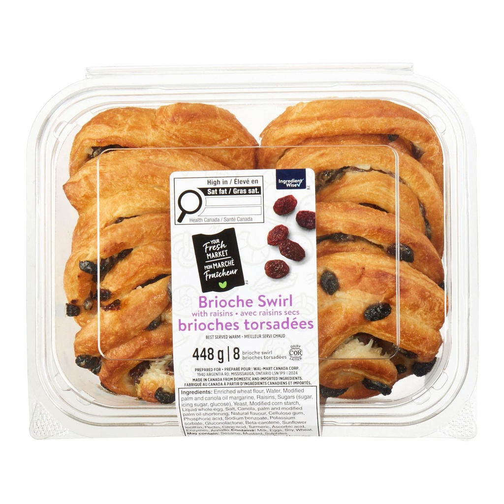 Brioches torsadées avec raisins secs Mon marché fraîcheur, 8 morceaux, total de 448 g