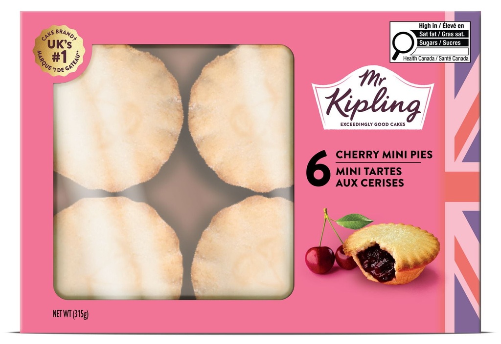 Mr. Kipling Mini tartes aux cerises Mr Kipling, paquet de 6, prêtes à consommer, sans colorants ni arômes artificiels, fabriquées avec de vrais fruits, végétariennes, 315 g