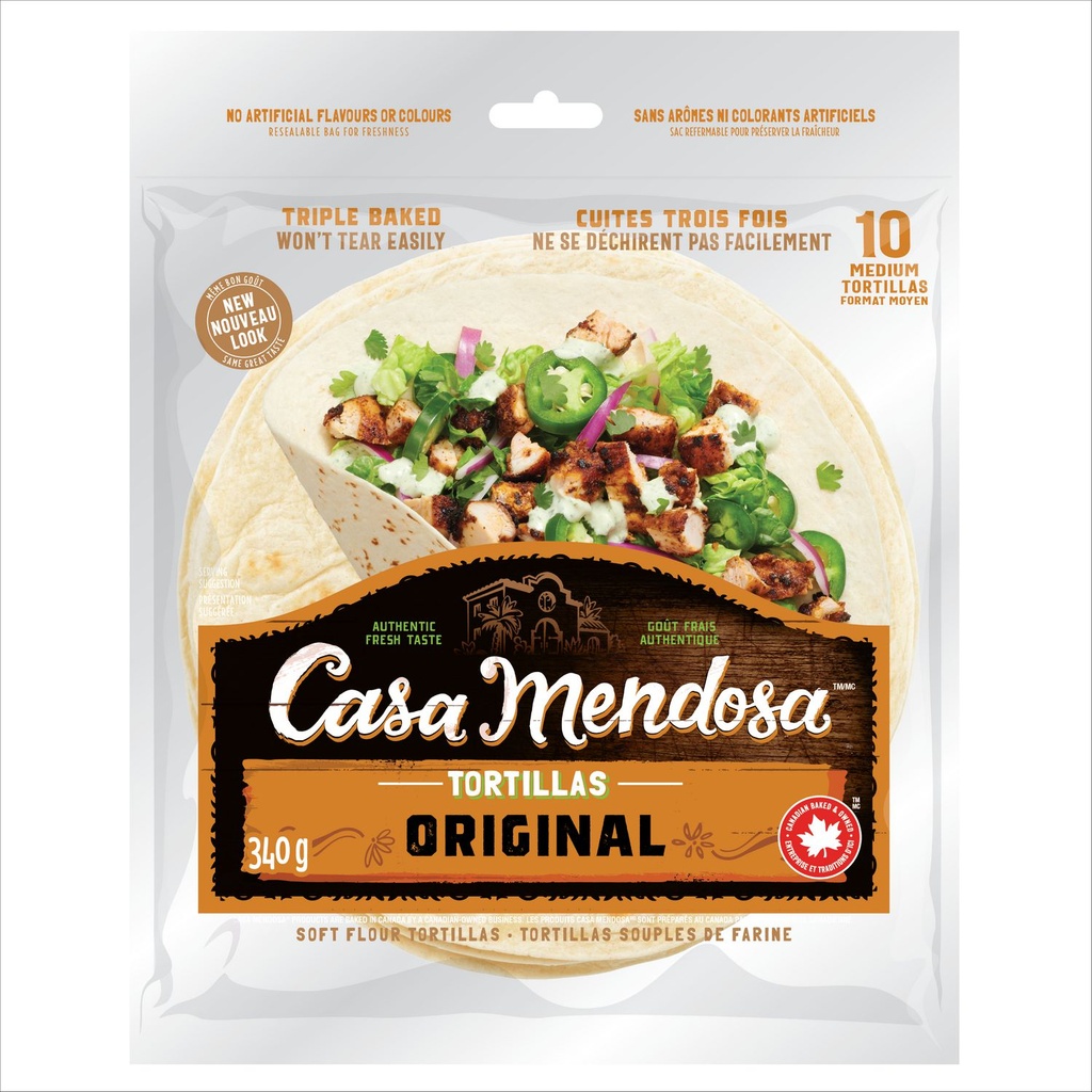 Casa Mendosa tortillas souples de farine originales, sans arômes ni colorants artificiels, format moyen 7", Paquet de 10, 340 g