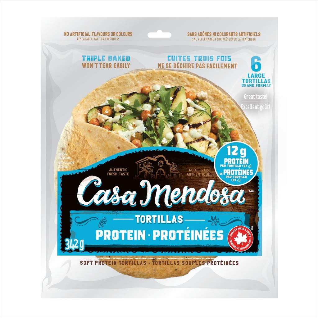 Casa Mendosa tortillas protéinées souples de farine, 12 g protéines par tortilla, grand format, Paquet de 6, 342 g