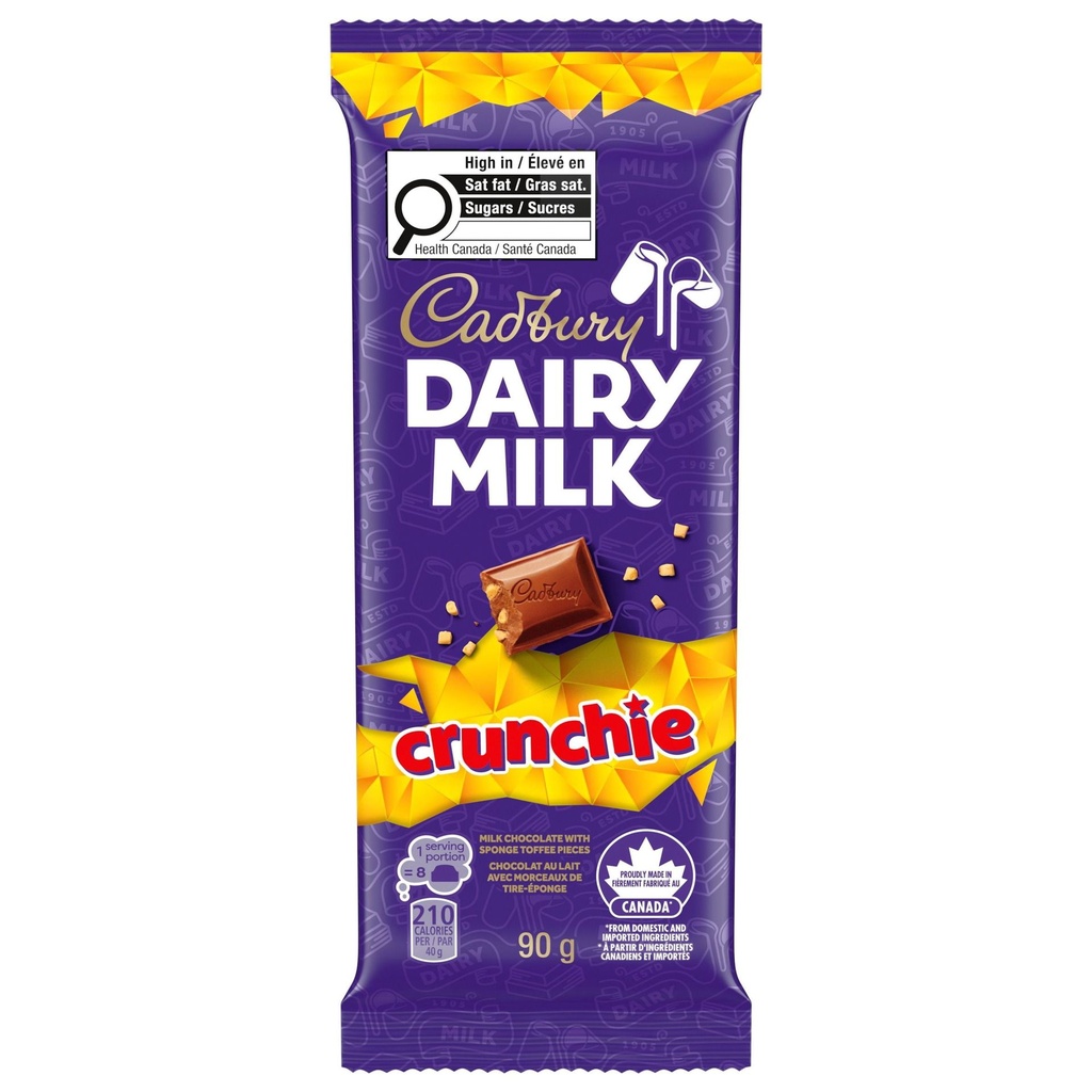CADBURY DAIRY MILK Crunchie, tablette de chocolat au lait avec morceaux de tire-éponge, 90 g