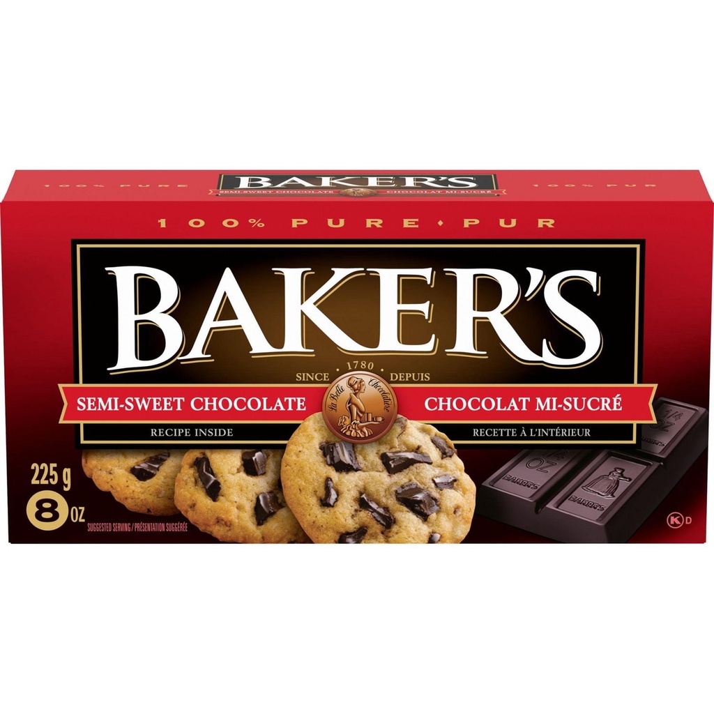 Baker's Barre De Chocolat Mi-Sucré 100 % Pur Pour La Cuisson