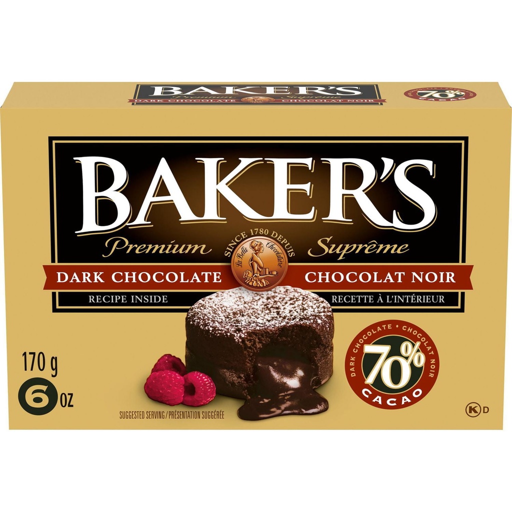 Baker's Barre de chocolat noir 70 % cacao Baker’s Suprême pour la cuisson