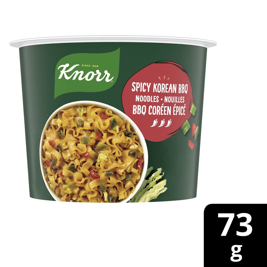 Bol de pâtes Nouilles style BBQ coréen épicé Knorr, fait de vrais légumes à 100 % et sans arômes ou agents de conservation artificiels, 73 g