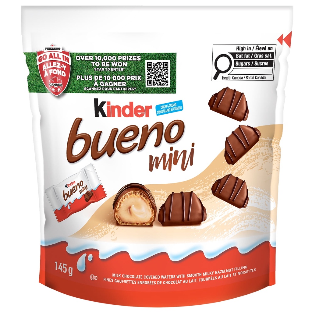KINDER_FR KINDER BUENO Mni barres de gaufrettes croustillantes enrobées de chocolat au lait, avec de la crème aux noisettes, 27 mini-barres de gaufrettes emballées individuellement par paquet, 145 g