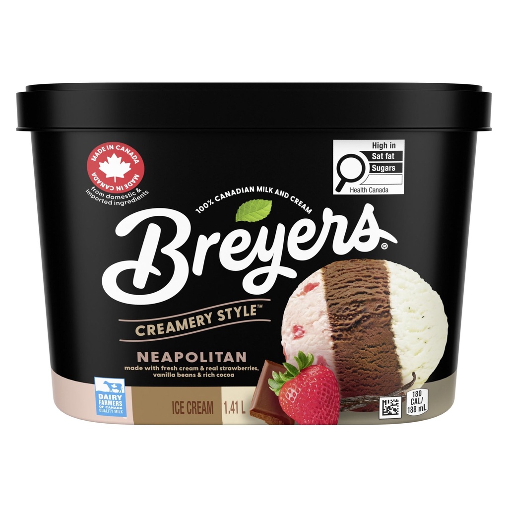 Crème Glacée faite avec de la crème fraîche, de vraies fraises, des gousses de vanille et du cacao riche Breyers Style Crèmerie Napolitaine lait et crème 100 % canadiens 1,41 L 1.41 L