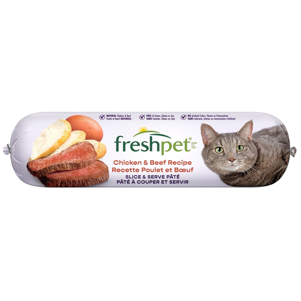 Freshpet Nourriture fraîche pour chats, Pâté en rouleau à trancher et à servir, Recette au poulet et au bœuf, 454 g.