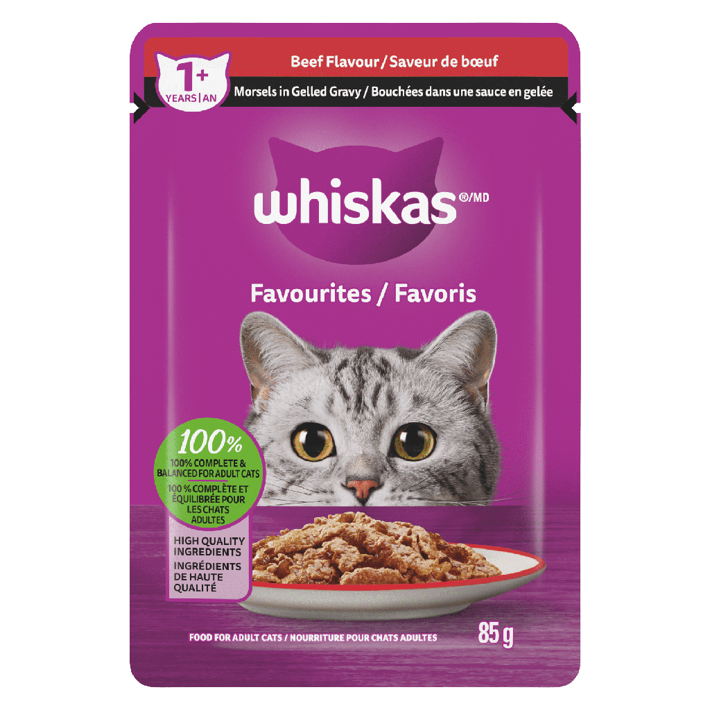Nourriture humide pour chats adultes WHISKAS FAVORIS bouchées dans une sauce en gelée – saveur de bœuf, sachet de 85 g