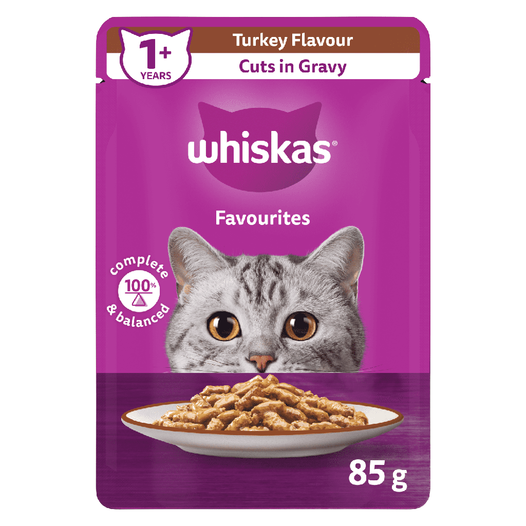 Nourriture humide pour chats adultes WHISKAS FAVORIS coupes en sauce à saveur de dinde, sachet de 85 g
