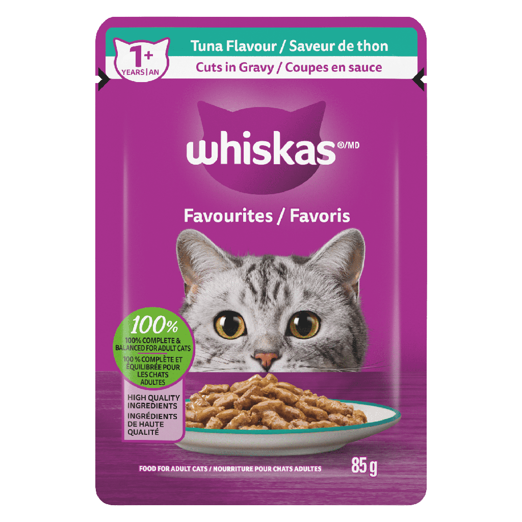 Nourriture humide pour chats adultes WHISKAS FAVORIS coupes en sauce – saveur de thon, sachet de 85 g