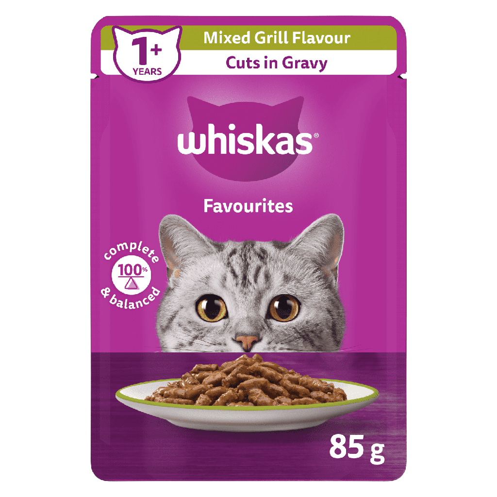 Nourriture humide pour chats adultes WHISKAS FAVORIS coupes en sauce à saveur de grillades assorties, sachet de 85 g