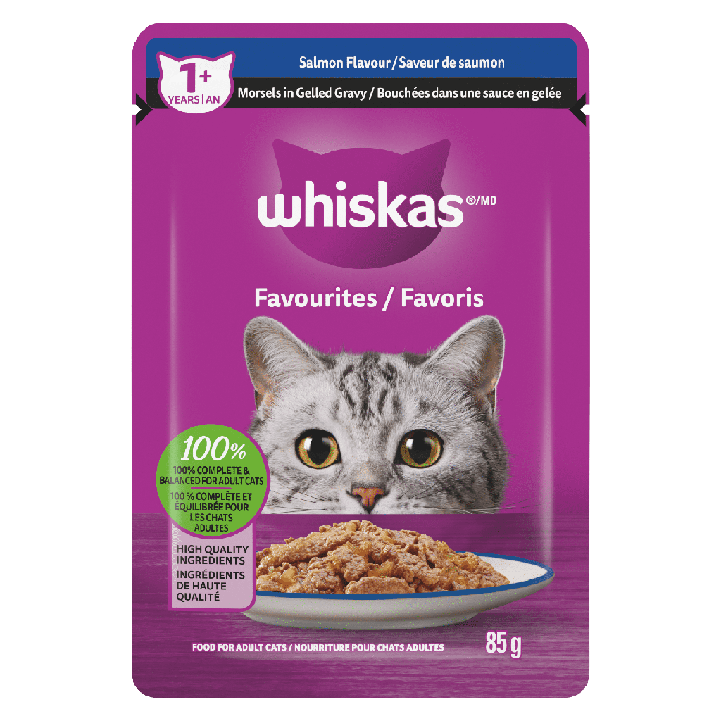 Nourriture humide pour chats adultes WHISKAS FAVORIS bouchées dans une sauce en gelée – saveur de saumon, sachet de 85 g