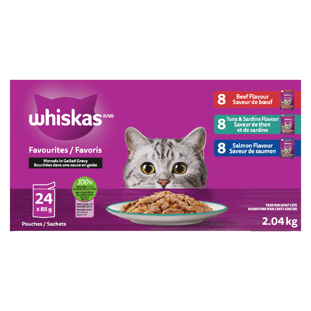 Nourriture humide pour chats adultes WHISKAS FAVORIS bouchées dans une sauce en gelée à saveur de bœuf, à saveur de thon et de sardine et à saveur de poulet, Format variété, (24) sachets de 85 g