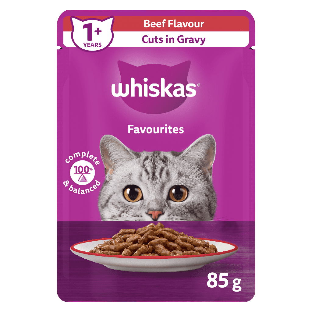 Nourriture humide pour chats adultes WHISKAS FAVORIS coupes en sauce à saveur de bœuf, sachet de 85 g