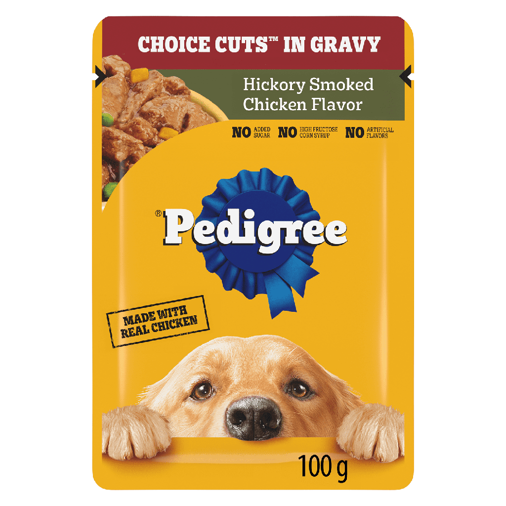 Nourriture humide pour chiens adultes PEDIGREE COUPES DE CHOIX AU JUS saveur de poulet fumé à l’hickory