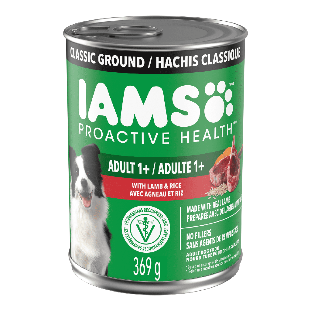 Nourriture humide pour chiens adultes Iams Proactive Health avec agneau et riz, hachis classique