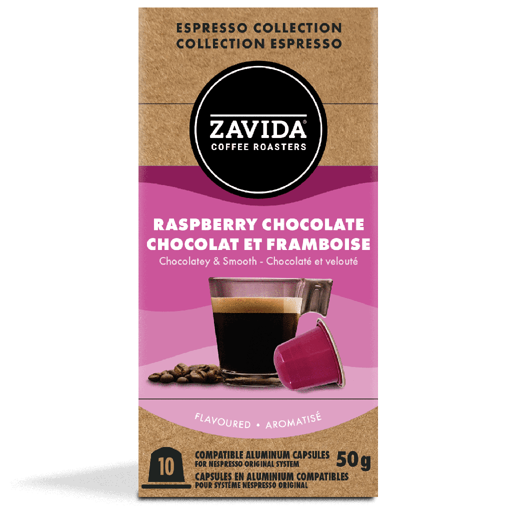 Capsules d’espresso Zavida à la framboise et au chocolat, torréfaction foncée (10 capsules)