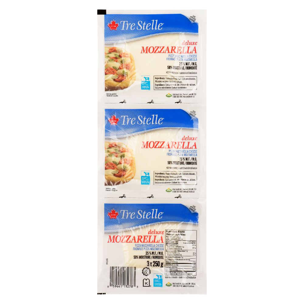 Fromage pizza mozzarella de luxe Tre Stelle 3x250 g (total de 750 g)