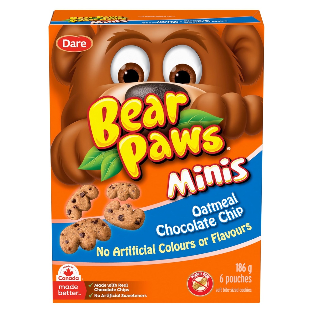 Pattes d'ours Biscuits moelleux Pattes d’ours minis Pépites de chocolat et avoine, 186g (6 sachets)