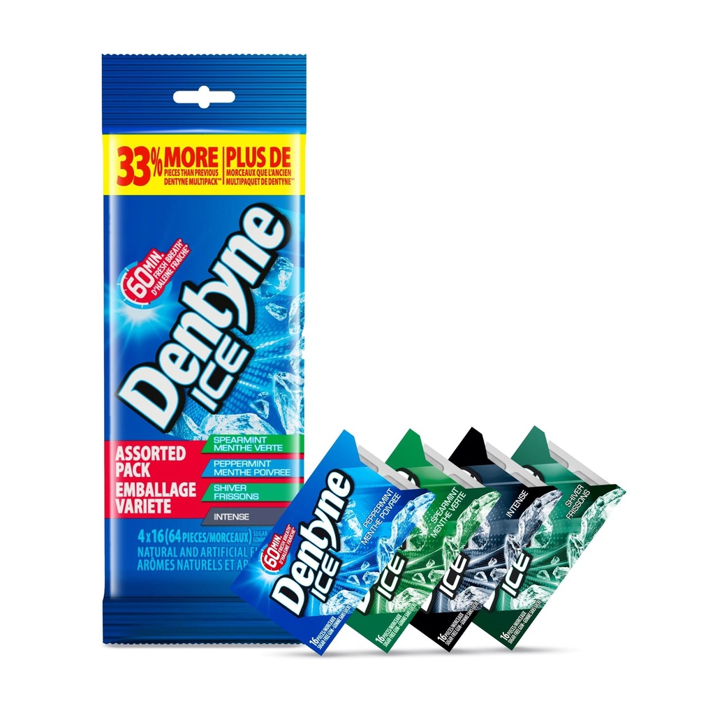 Dentyne Ice, Multipaquet de gomme sans sucre assortie, paquet de 4 (64 pièces)