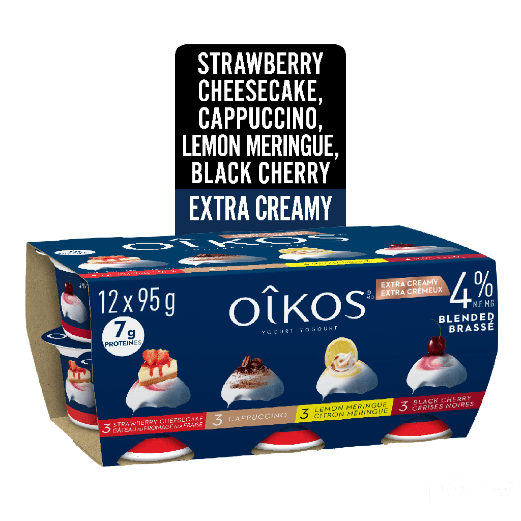 Oikos Extra Crémeux, Gâteau au fromage à la fraise/Cappuccino/Citron meringue/Cerises noires, 4% M.G., 12x95g