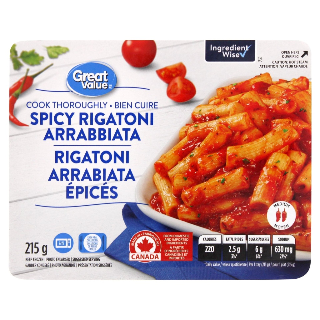Rigatoni arrabiata épicés Great Value 215 g