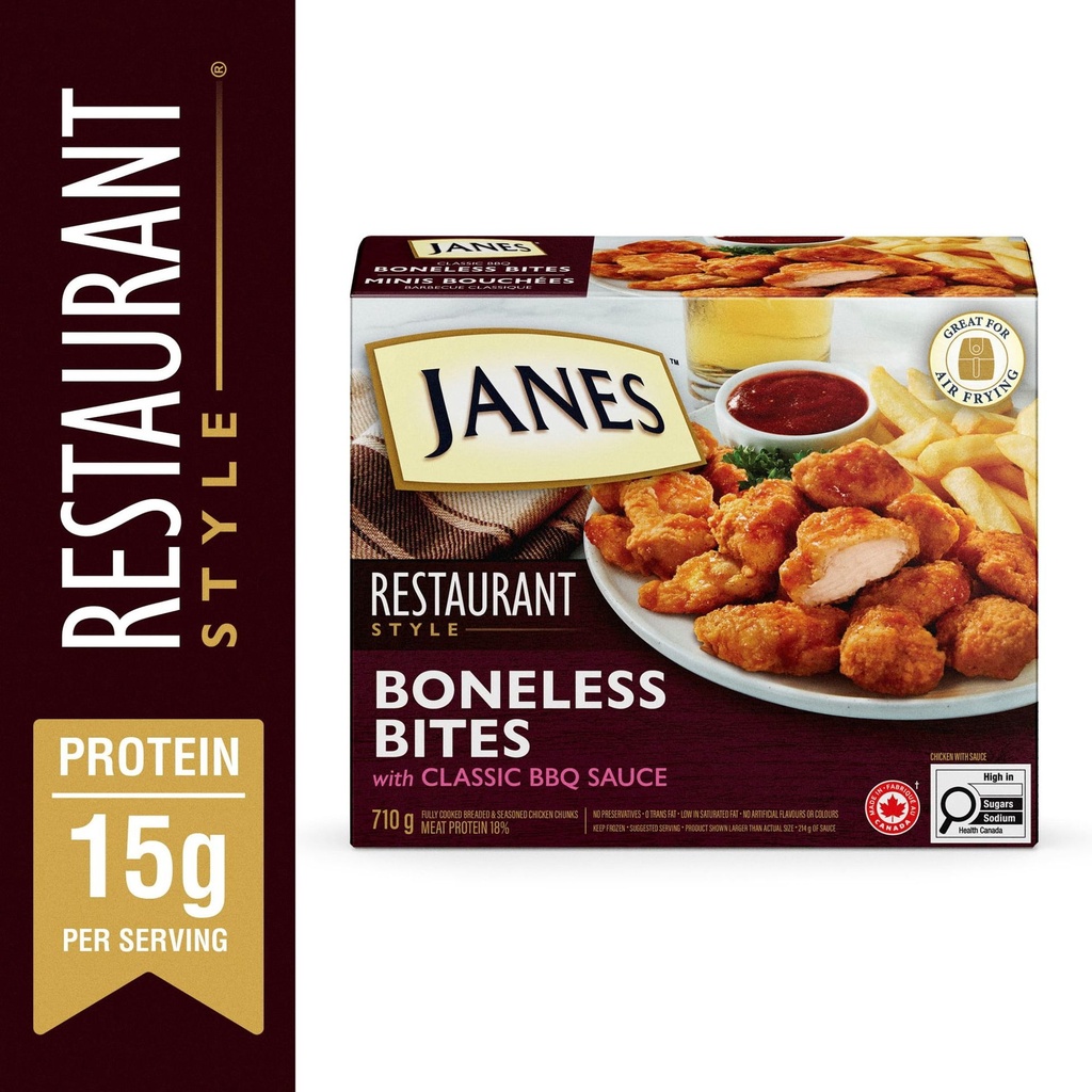 Bouchées de poulet comme au restaurant Janes® au barbecue classique, 710 g, bouchées de poulet panées et congelées. Contient : Viande blanche. 710g
