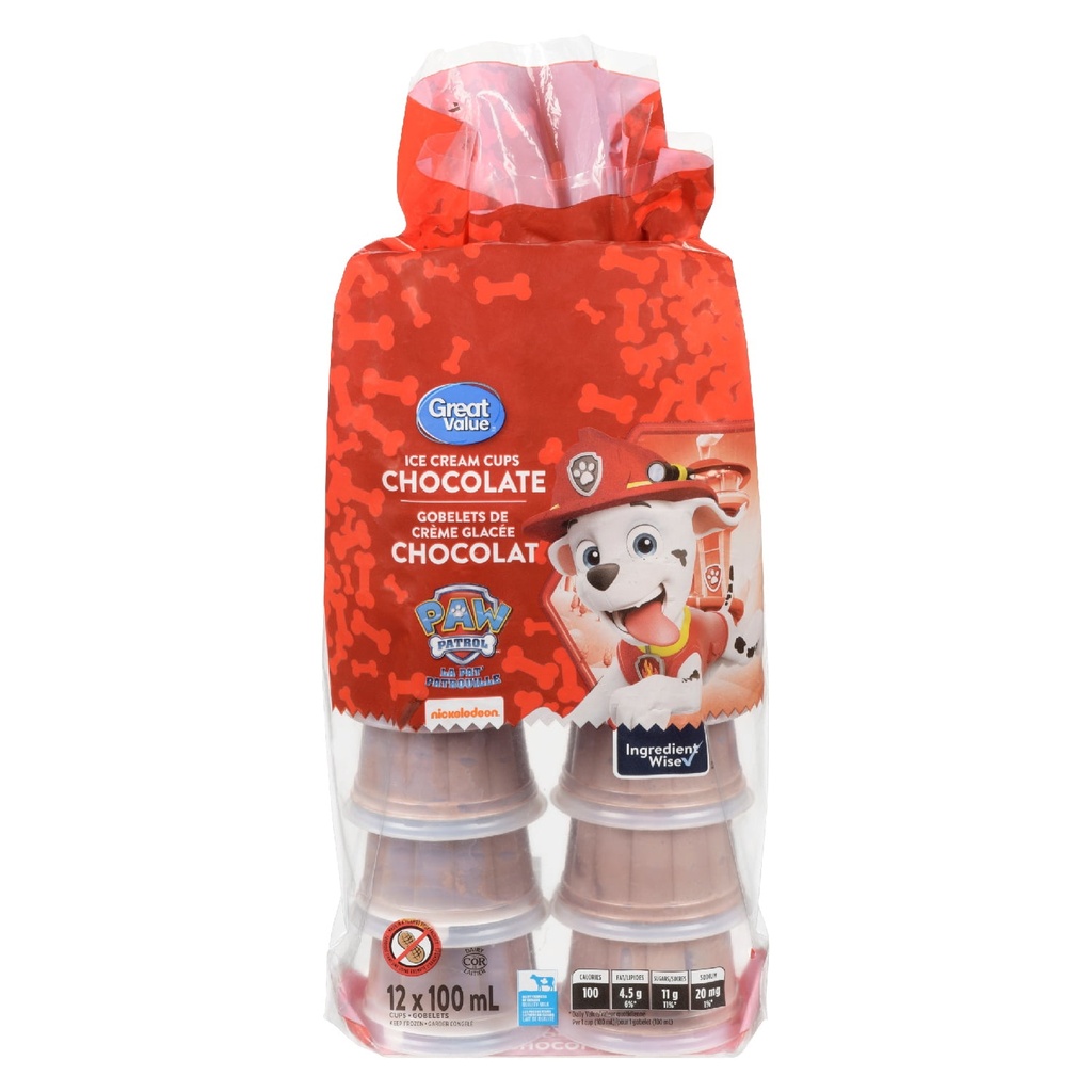 Great Value Gobelets de Crème Glacée au Chocolat 12 x 100 ml