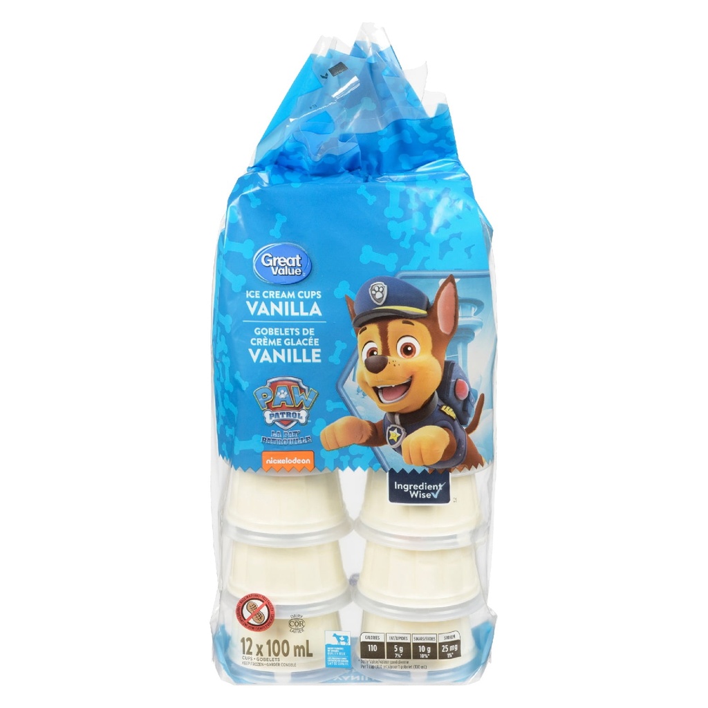 Great Value Gobelets de Crème Glacée Vanille 12 x 100 ml