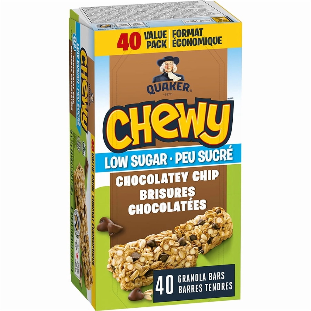Quaker Chewy Peu sucré barres tendres Brisures chocolatées, format économique, 40 barres